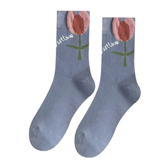 Ladies Socks | Tulip Embroidery Design with Minimalist Style – Blue