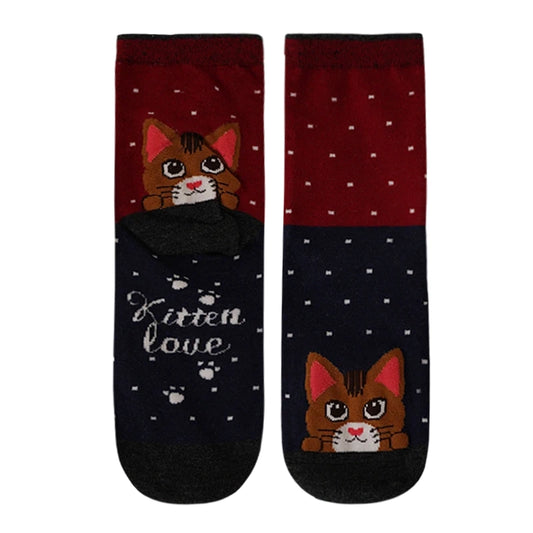 Ladies Socks | Cute Cat Pattern with Contrast Colour Design – Red
