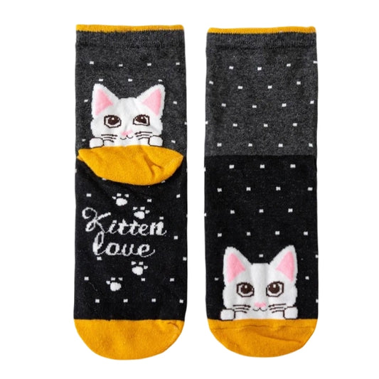 Ladies Socks | Cute Cat Pattern with Playful Contrast Detail – Grey