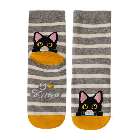 Ladies Socks | Cute Cat Pattern with Striped Background – Grey