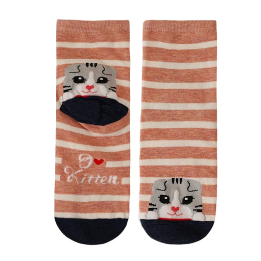 Ladies Socks | Cute Cat Pattern with Striped Design – Pink