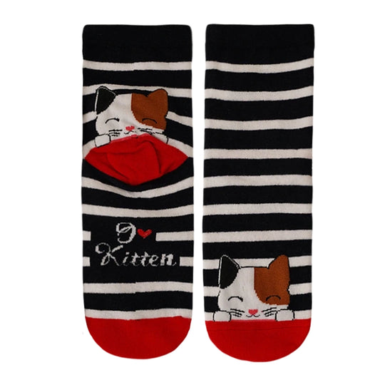Ladies Socks | Cute Cat Pattern with Striped Design – Black