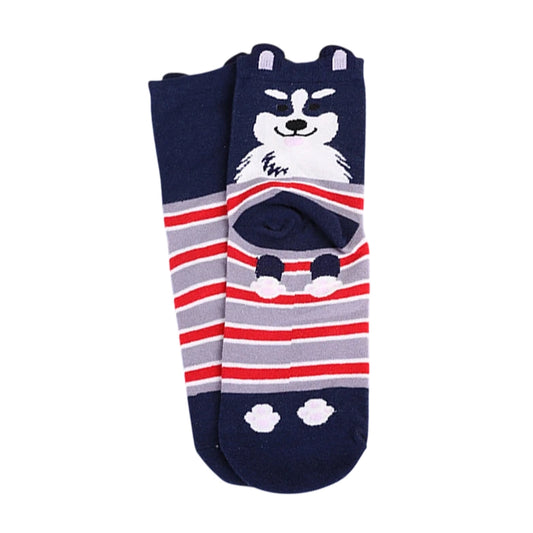 Ladies Socks | Cute Dog Pattern with Striped Contrast Design – Navy