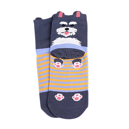Ladies Socks | Cute Dog Pattern with Striped Contrast Design – Navy
