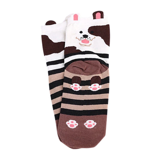 Ladies Socks | Cute Dog Pattern with Striped Contrast Design – Brown