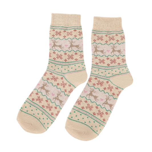 Christmas Socks | Nordic Reindeer Fair Isle – Cream & Sage Green