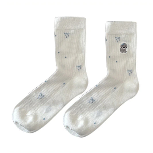 Ladies Socks | Cute Puppy Embroidery & Bow Dot Design – White
