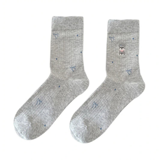 Ladies Socks | Cute Puppy Embroidery & Bow Dot Design – Light Grey