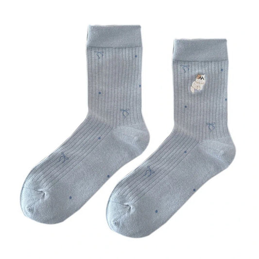 Ladies Socks | Cute Puppy Embroidery & Bow Dot Design – Light Blue