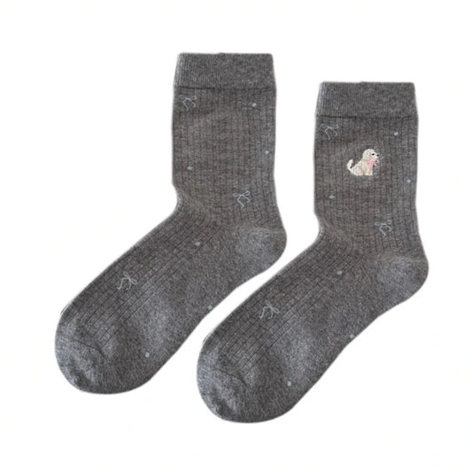 Ladies Socks | Cute Puppy Embroidery & Bow Dot Design – Dark Grey