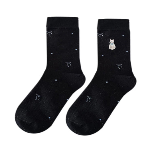 Ladies Socks | Cute Puppy Embroidery & Bow Dot Design – Black