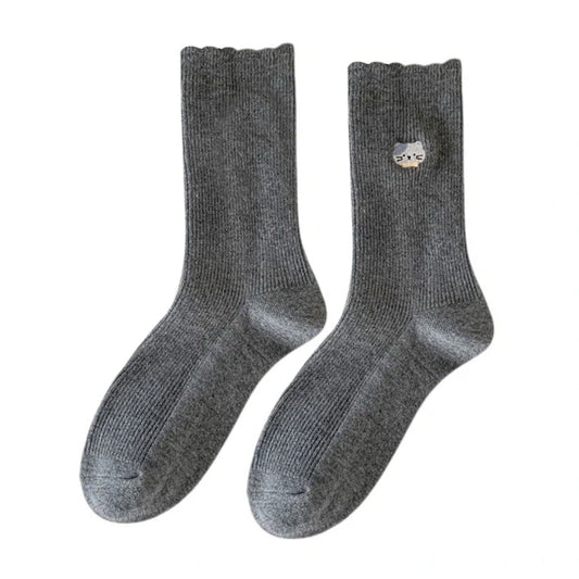 Ladies Socks | Scalloped Ribbed Cat Embroidery – Dark Grey