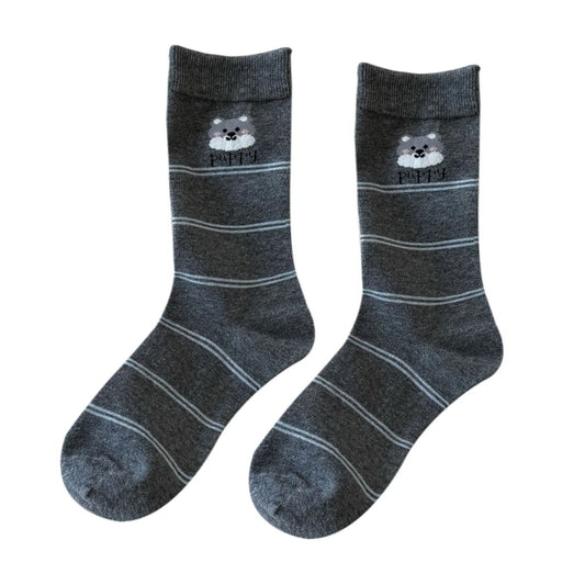 Ladies Socks | Striped Puppy Motif Crew Socks – Grey