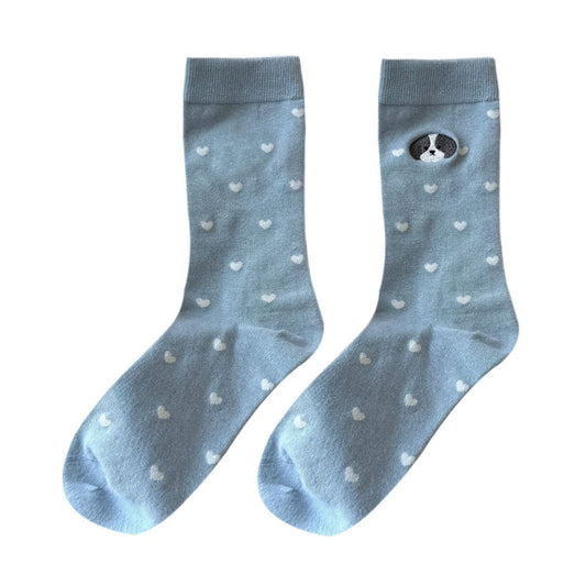 Ladies Socks | Heart Print Dog Embroidery Crew Socks – Light Blue
