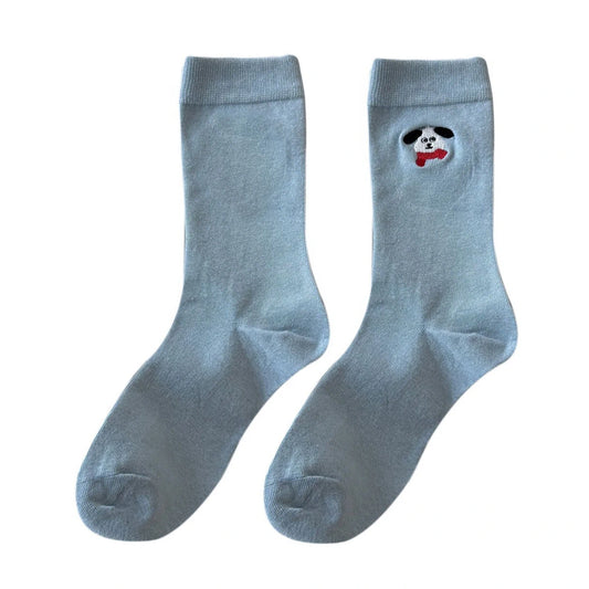 Ladies Socks | Minimal Dog Embroidery Crew Socks – Light Blue