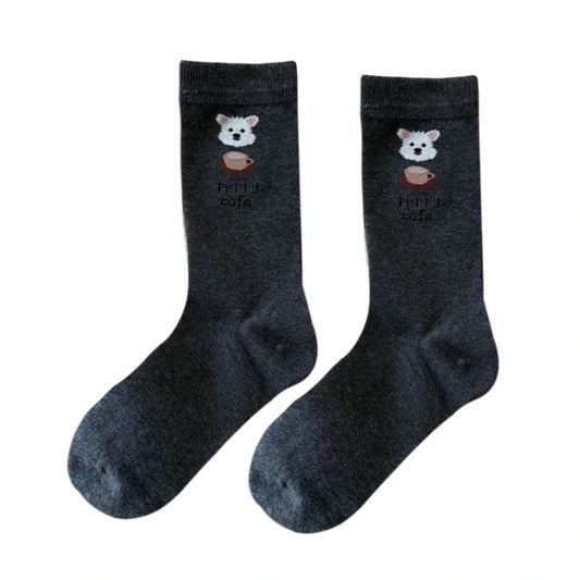 Ladies Socks | Puppy Café Embroidery Crew Socks – Grey