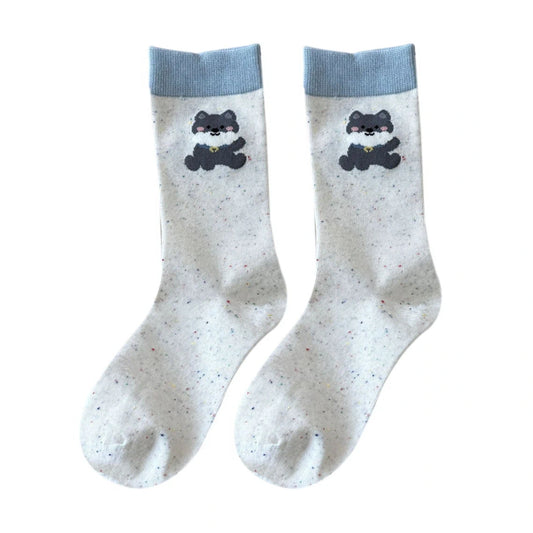 Ladies Socks | Puppy Embroidery Crew Socks – White