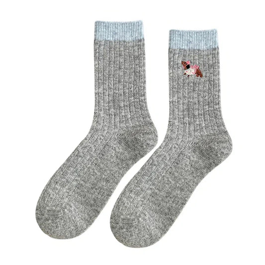 Ladies Socks | Ribbed Puppy Embroidery Crew Socks – Grey