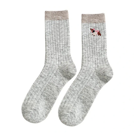 Ladies Socks | Ribbed Puppy Embroidery Crew Socks – Light Grey