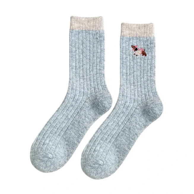 Ladies Socks | Ribbed Puppy Embroidery Crew Socks – Sky Blue