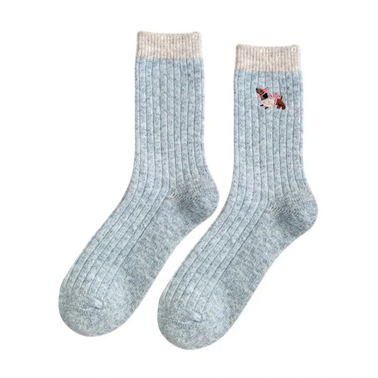Ladies Socks | Ribbed Puppy Embroidery Crew Socks – Sky Blue