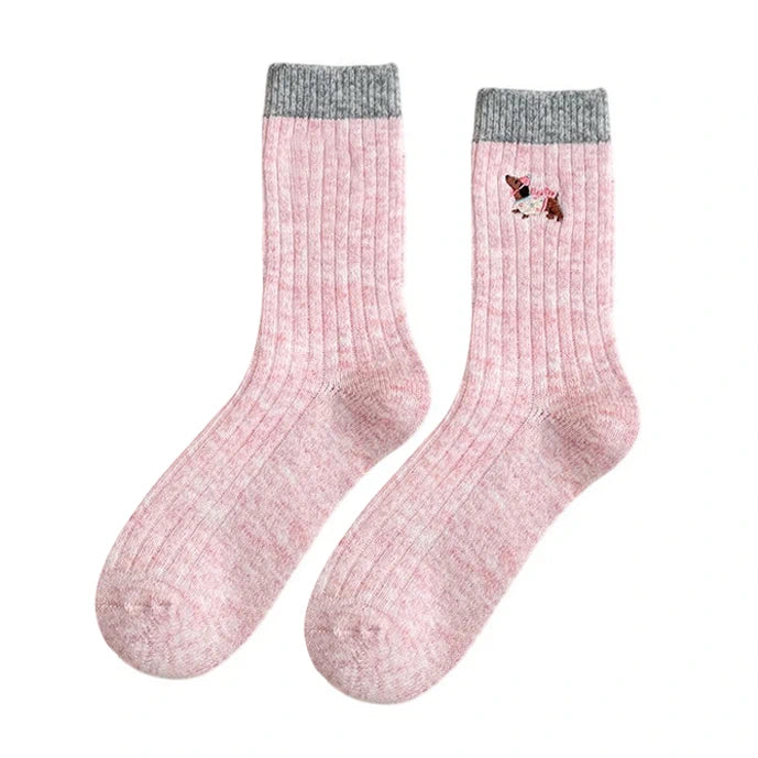 Ladies Socks | Ribbed Puppy Embroidery Crew Socks – Pink