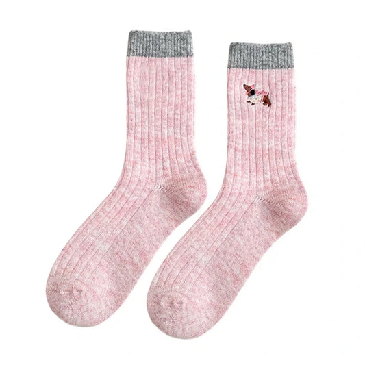 Ladies Socks | Ribbed Puppy Embroidery Crew Socks – Pink