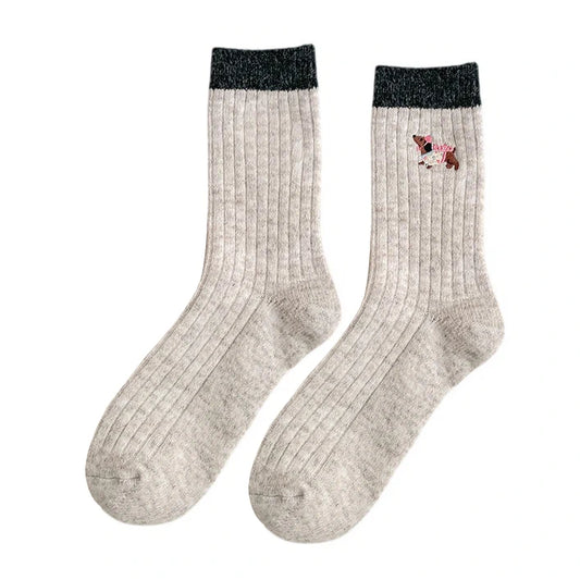 Ladies Socks | Ribbed Puppy Embroidery Crew Socks – Beige