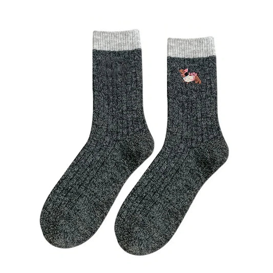 Ladies Socks | Ribbed Puppy Embroidery Crew Socks – Charcoal