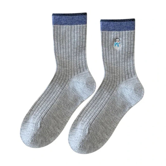 Ladies Socks | Ribbed Snowman Embroidery Crew Socks – Grey