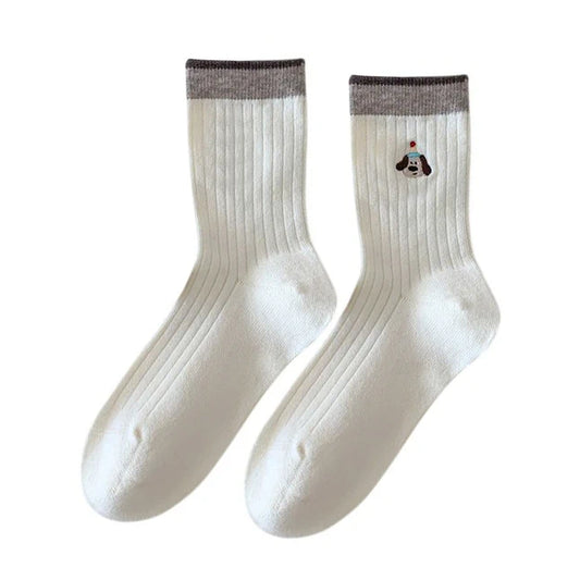 Ladies Socks | Ribbed Puppy Embroidery Crew Socks – White
