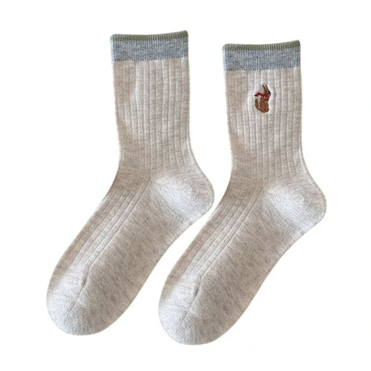 Ladies Socks | Ribbed Rabbit Embroidery Crew Socks – Oatmeal