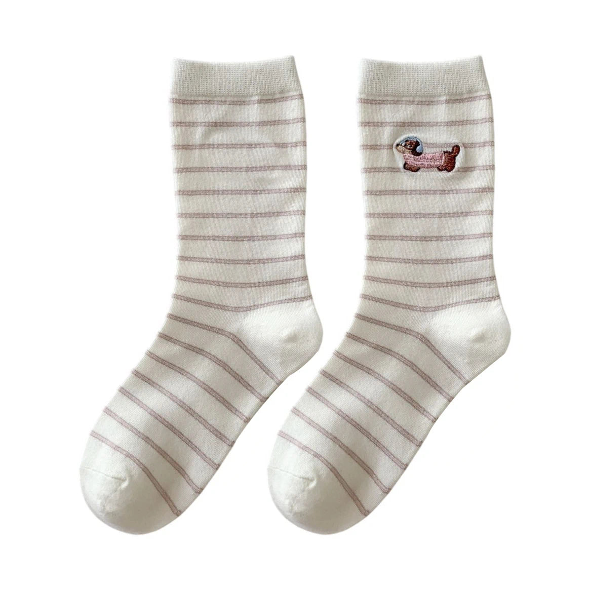 Unisex Socks | Striped Dachshund Embroidery – White