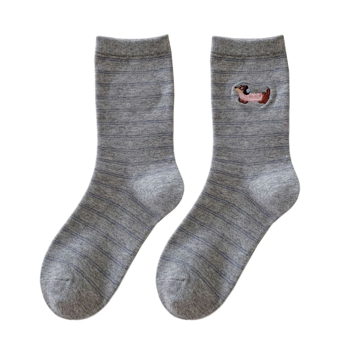 Unisex Socks | Striped Dachshund Embroidery – Light Grey