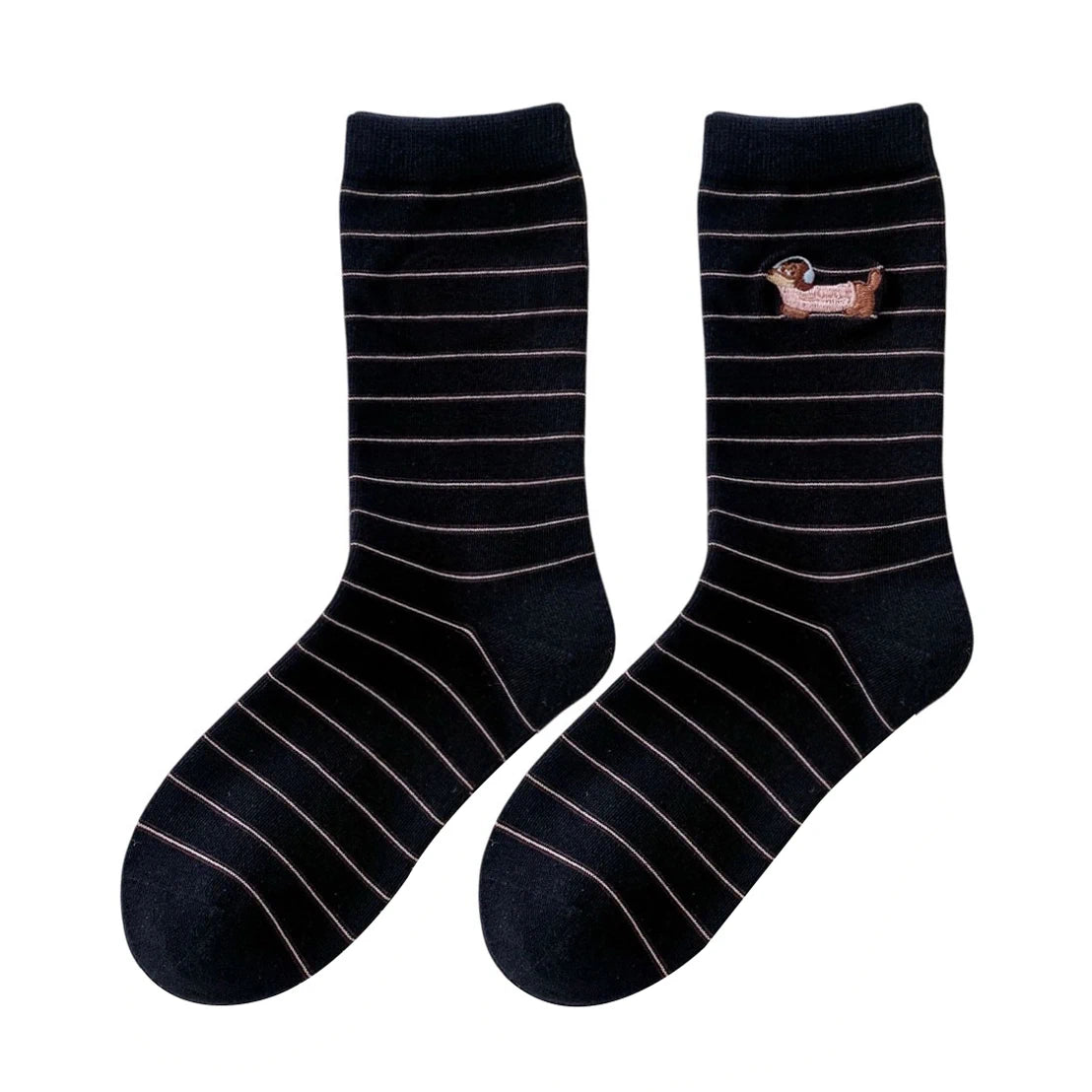 Unisex Socks | Striped Dachshund Embroidery – Black
