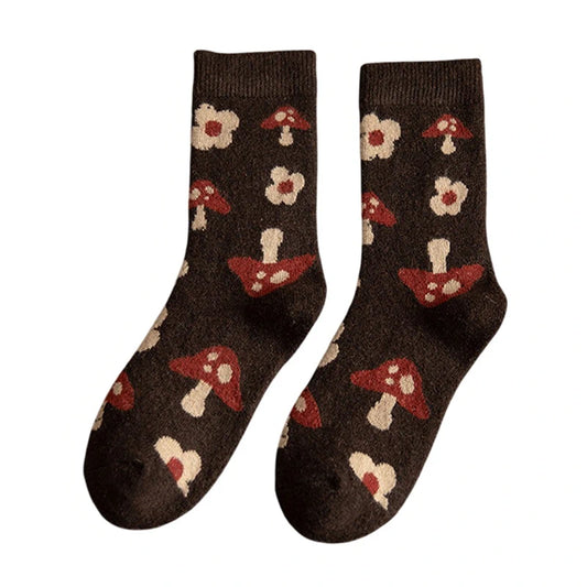Ladies Socks | Mushroom & Floral Pattern Crew Socks – Brown