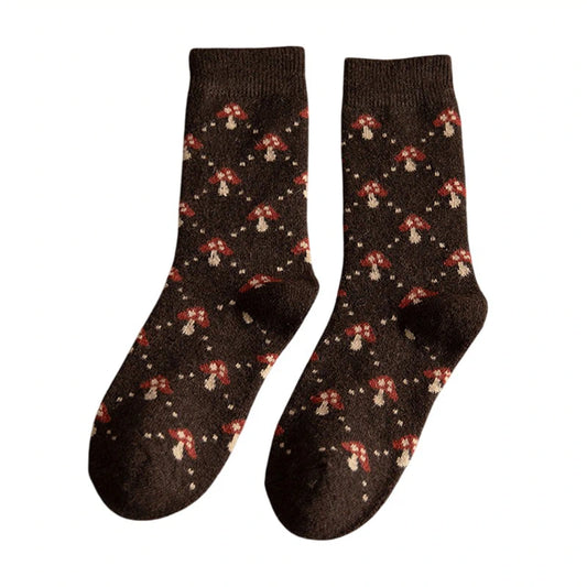 Ladies Socks | Mini Mushroom Pattern Crew Socks – Brown