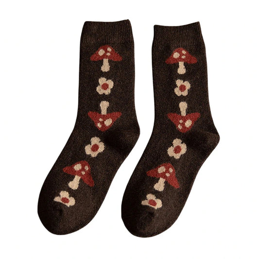 Ladies Socks | Mushroom & Daisy Pattern Crew Socks – Brown