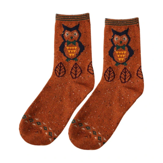 Ladies Socks | Owl Pattern Crew Socks – Rust