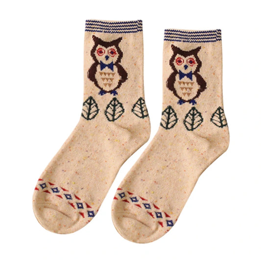 Ladies Socks | Owl Pattern Crew Socks – Cream