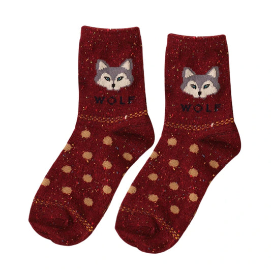 Ladies Socks | Wolf Pattern Crew Socks – Burgundy