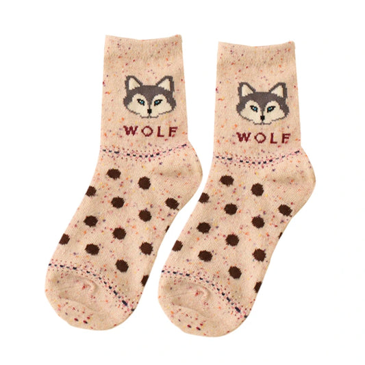 Ladies Socks | Wolf Pattern Crew Socks – Cream