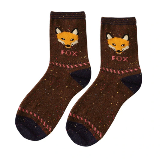 Ladies Socks | Fox Pattern Crew Socks – Brown