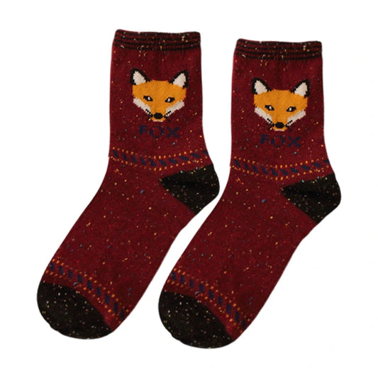 Ladies Socks | Fox Pattern Crew Socks – Burgundy