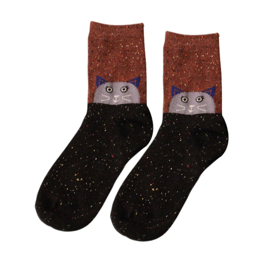 Ladies Socks | Cat Face Colour Block Socks – Black