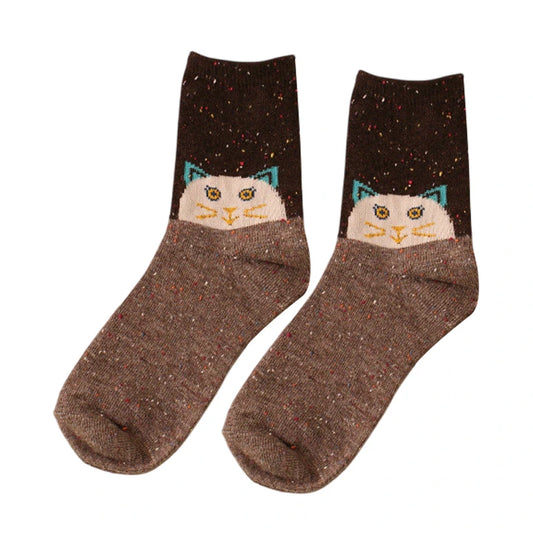 Ladies Socks | Cat Face Colour Block Socks – Brown