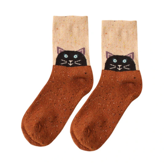 Ladies Socks | Cat Face Colour Block Socks – Beige