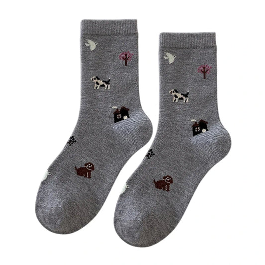 Ladies Socks | Countryside Dog & Cottage Pattern – Grey