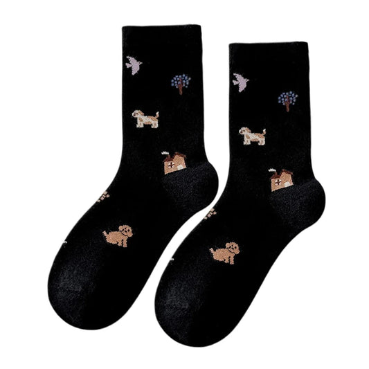 Ladies Socks | Countryside Dog & Cottage Pattern – Black