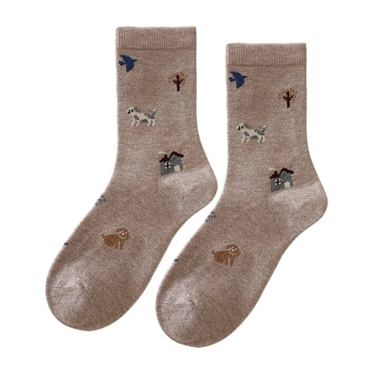 Ladies Socks | Countryside Dog & Cottage Pattern – Khaki
